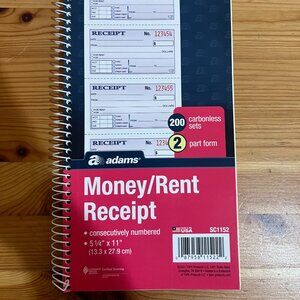Adams Money and Rent Receipt Book, 2-Part Carbonless, 5-1/4 x 11, Spiral Bound,